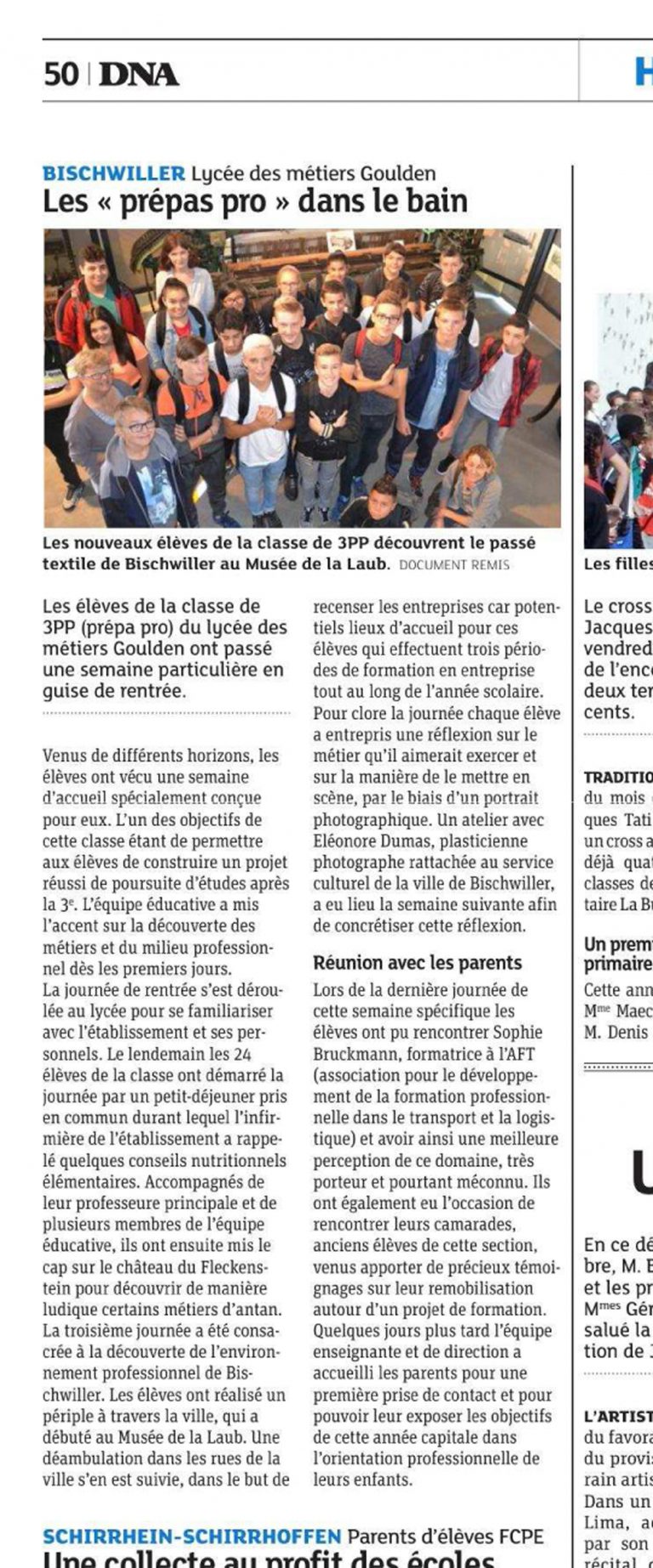 Extrait d'une coupure de presse sur le lycée des métiers Charles-Philippe Goulden de Bischwiller