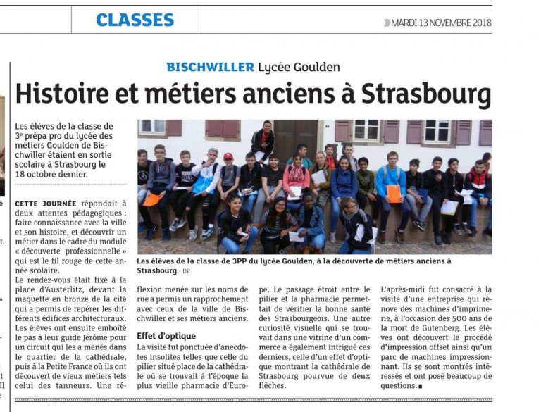 Coupure de presse sur la classe 3PP du lycée des métiers Charles-Philippe Goulden de Bischwiller