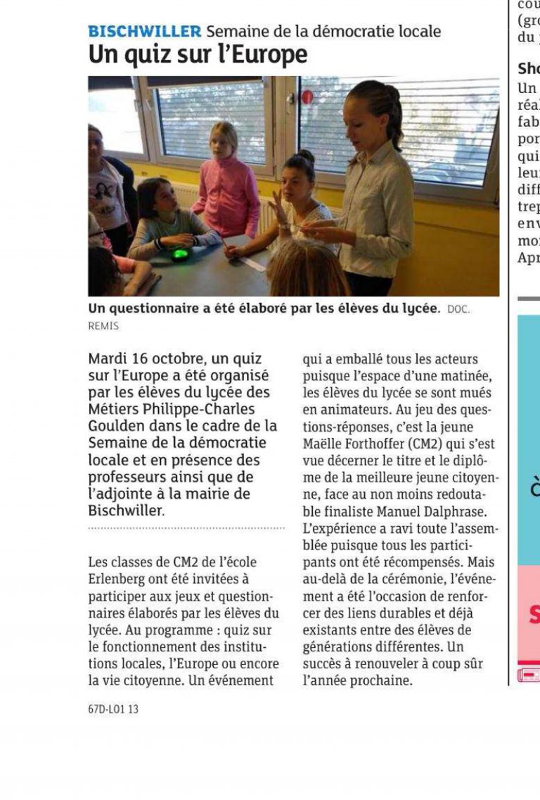 Coupure de presse sur un quizz sur l'europe au lycée des métiers Charles-Philippe Goulden de Bischwiller