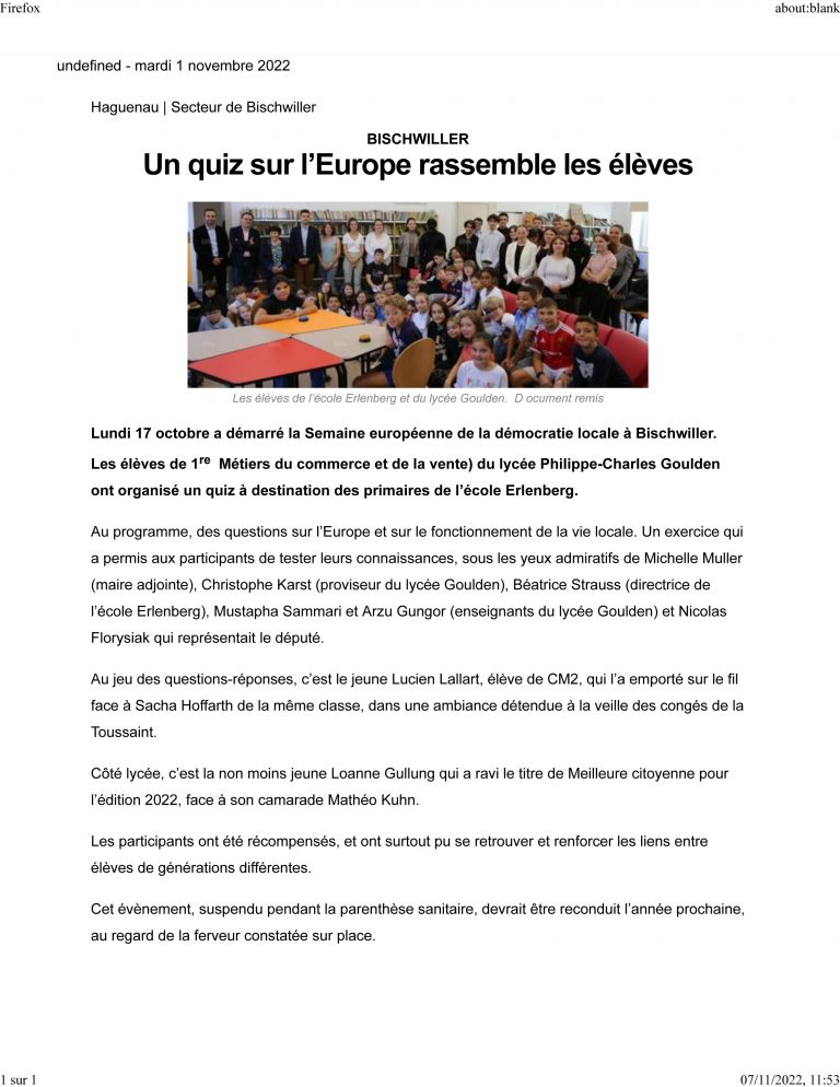 Article DNA. Partenariat 1 MCV - Ecole Erlenberg