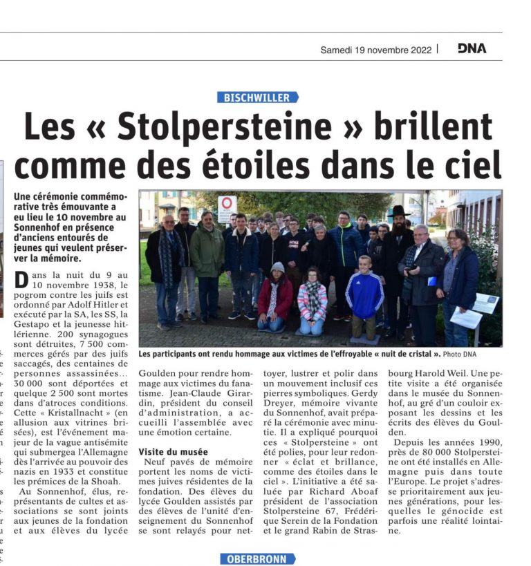 Article DNA. Nettoyage des Stolpersteine du Sonnenhof par les TSNEL