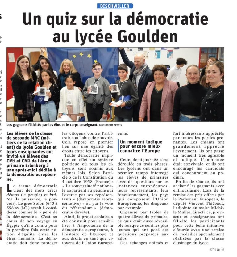 Article DNA : Partenariat lycée Goulden/ Ecole Erlenberg, Semaine Euro Démocratie Locale